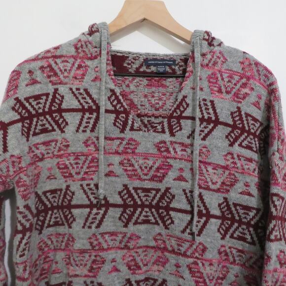 American Eagle Outfitters Womens Sz M Pink Gray Aztec Print Knit Sweater Hooded - Picture 3 of 5